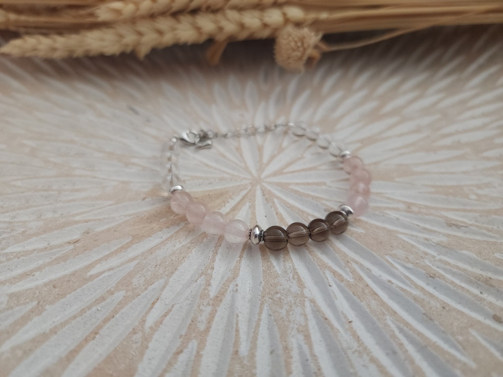 BRPU01.03.Bracelet perles Cristal de Roche/Quartz Rose/Quartz Fumé